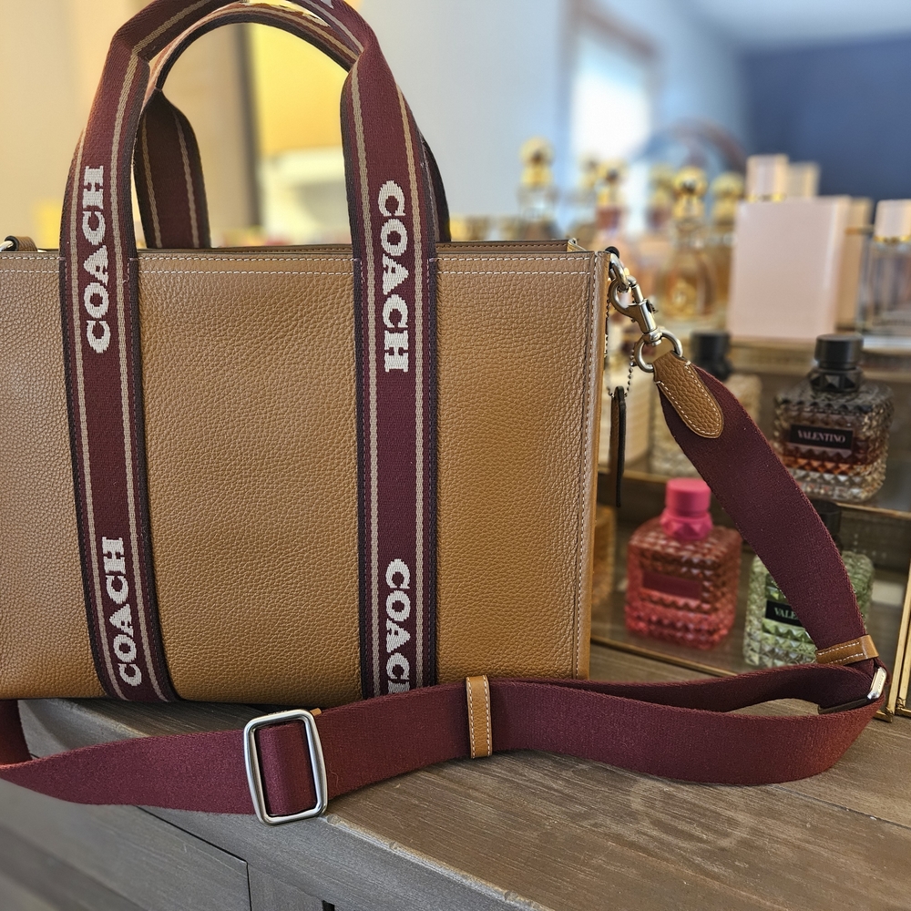 Coach Tan Leather Smith Tote with Burgundy Strap & Custom Insert